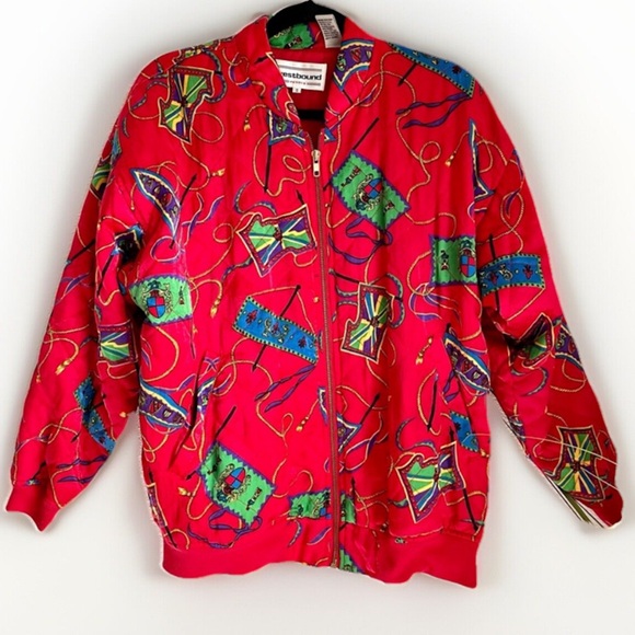 Vintage 90s Red Abstract Print Bomber Jacket Y2K Funky Eclectic Clowncore Size S - Picture 2 of 7